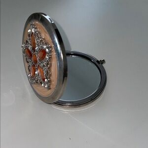 VINTAGE Silver and pink mirror compact floral design